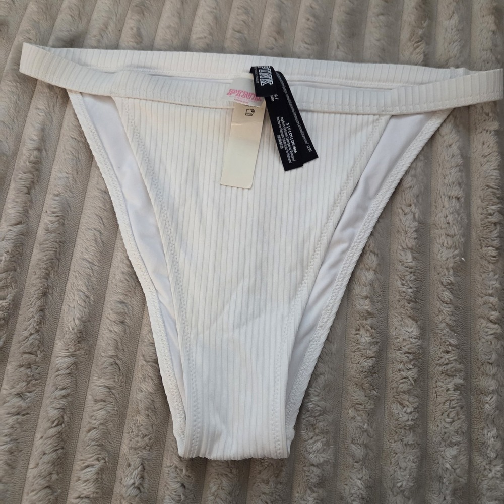 Victorias Secret PINK White Ribbed Small High Leg String Swim Bikini Bottom NEW